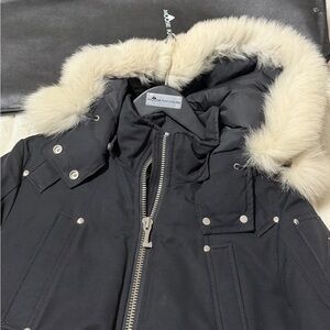 Moose Knuckles Black and Cream Fur-Trimmed Puffer Jacket